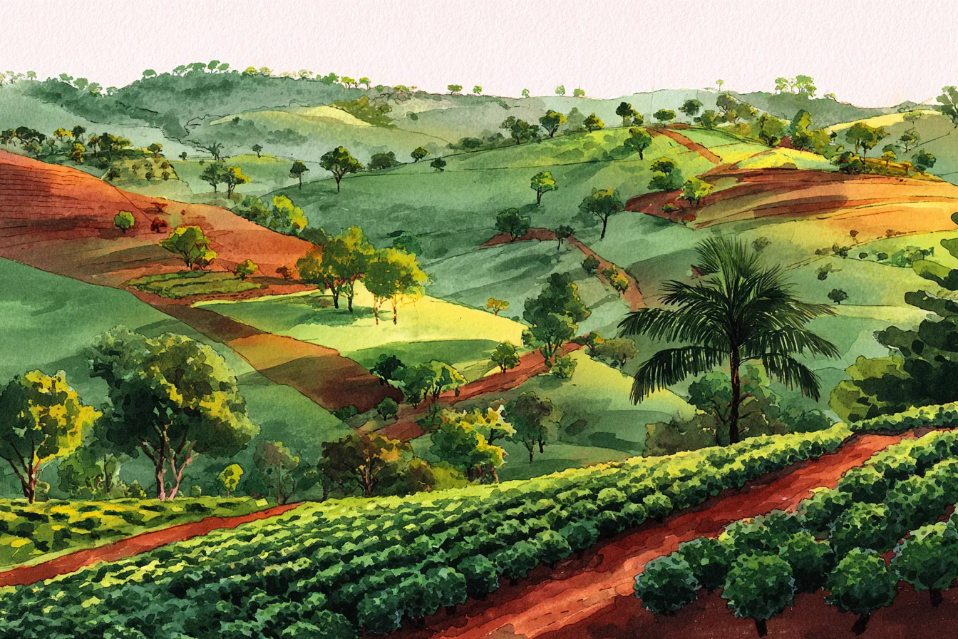 Rolling watercolor farmland with red-earth terraces and coffee rows — Brazil Cerrado.