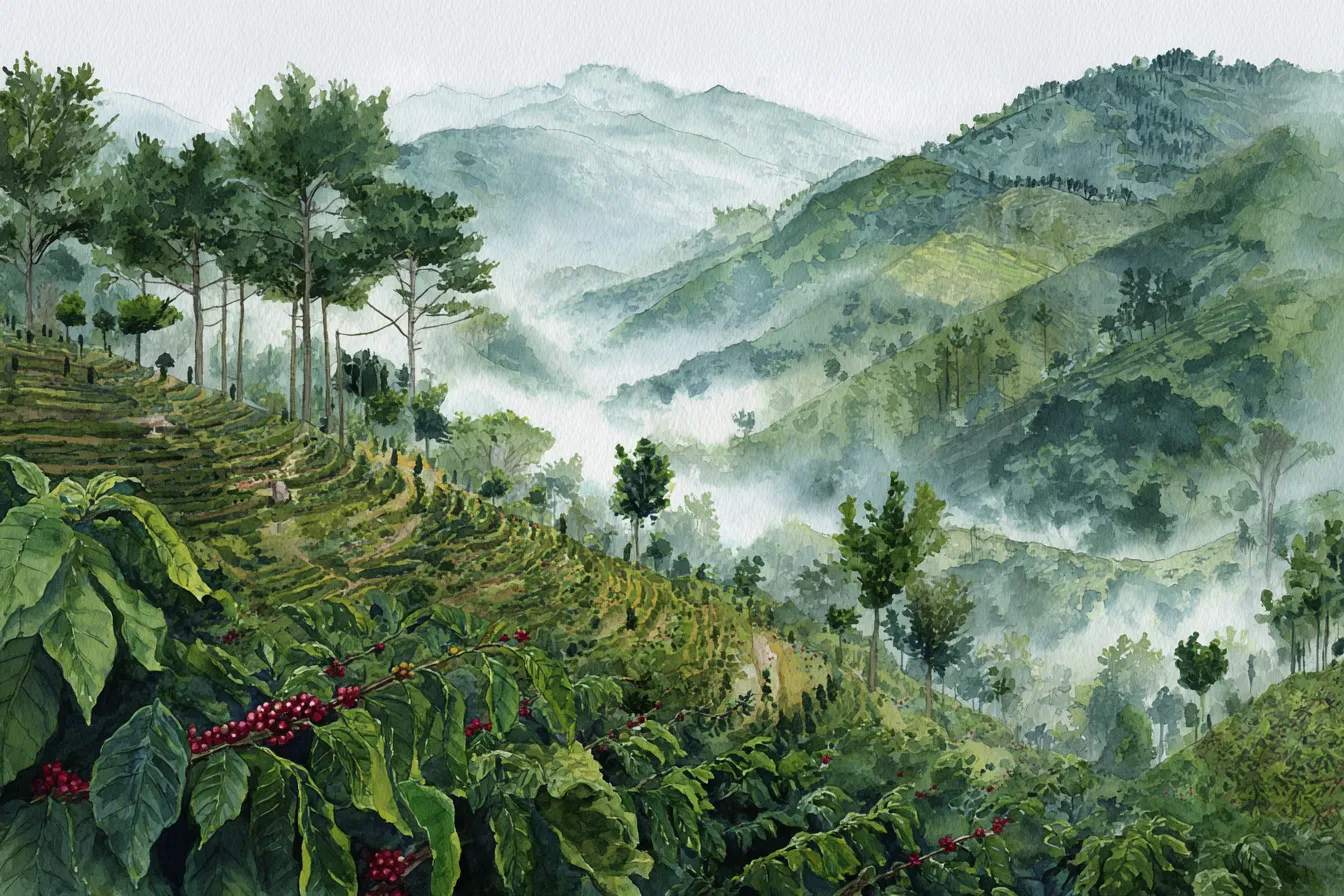 Misty Andean terraces with coffee bushes and cloud forest — Colombia.