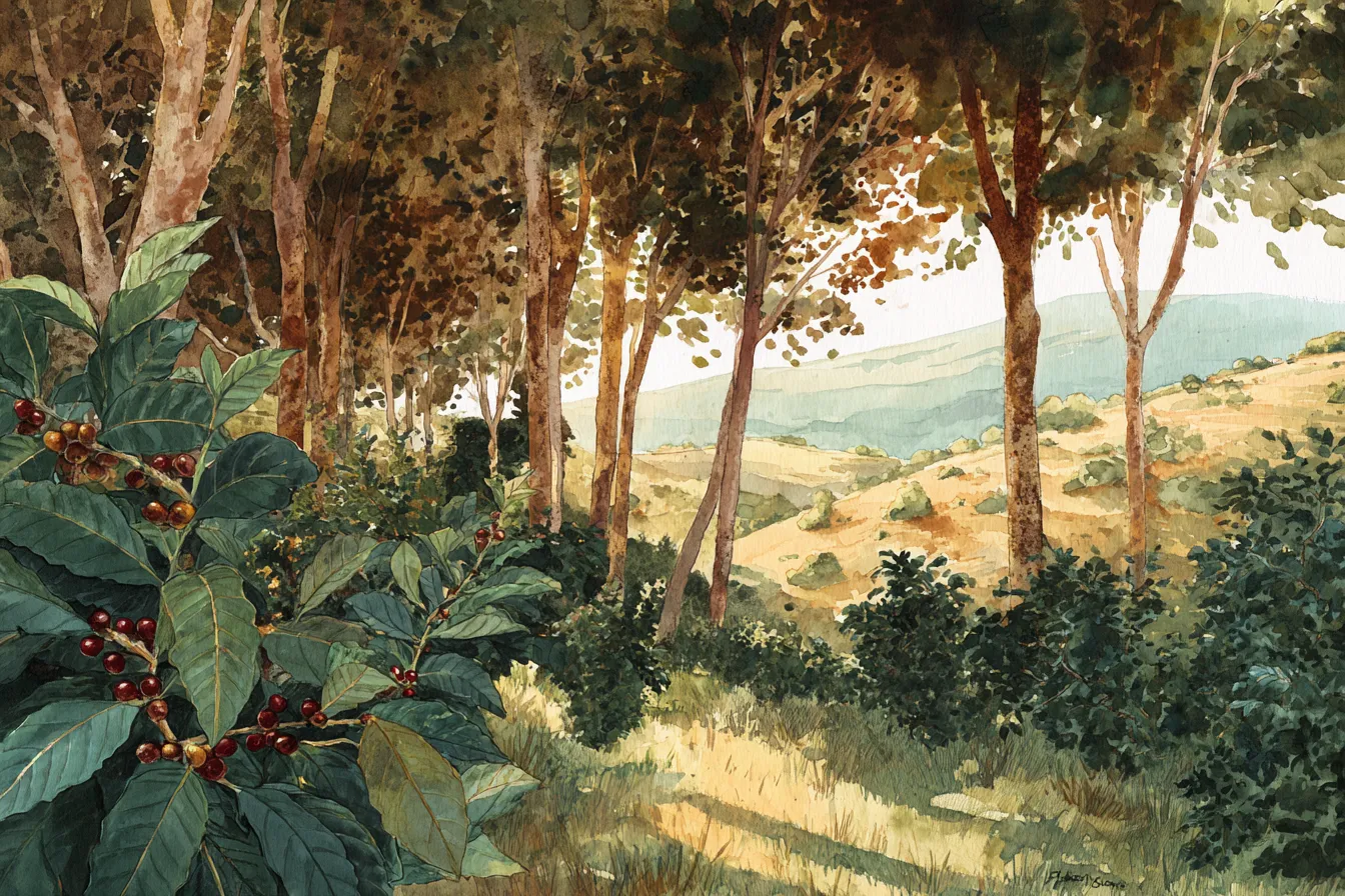Wild coffee growing under shade trees on an Ethiopian highland slope.