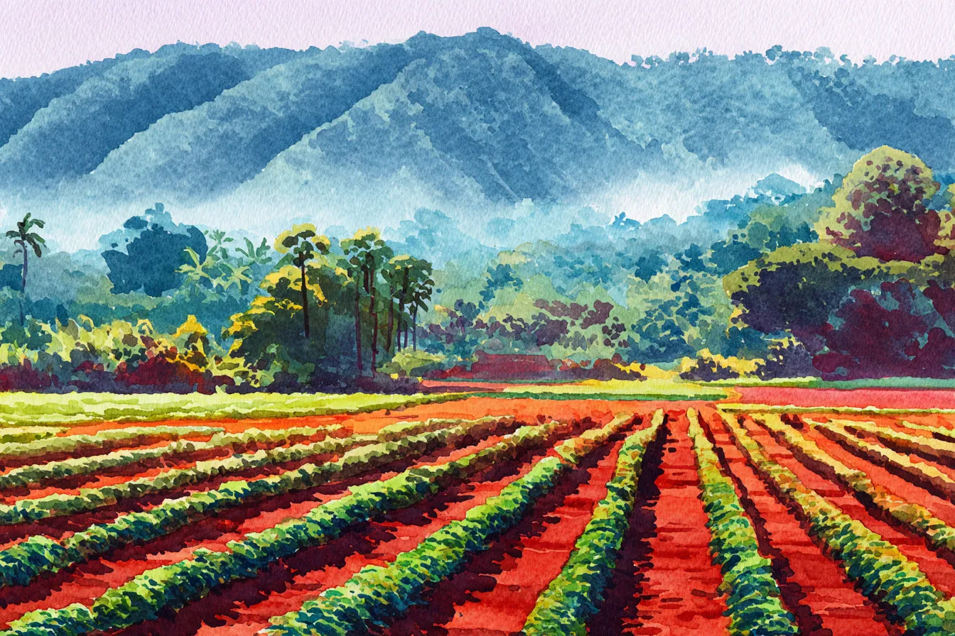 Vietnamese highland coffee fields in painterly rows below blue mountains.