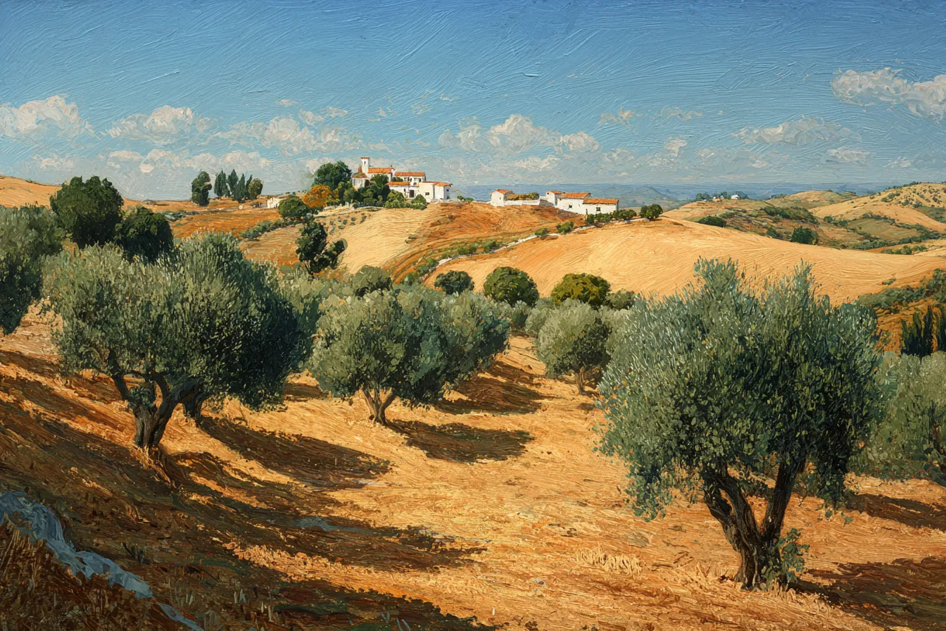 Vast sunlit plains of olive rows under a hot Andalusian sky.