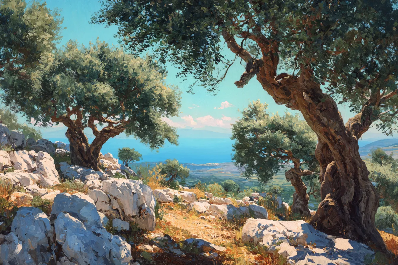 Ancient olive trees on a rocky Greek coastline above a blue sea.
