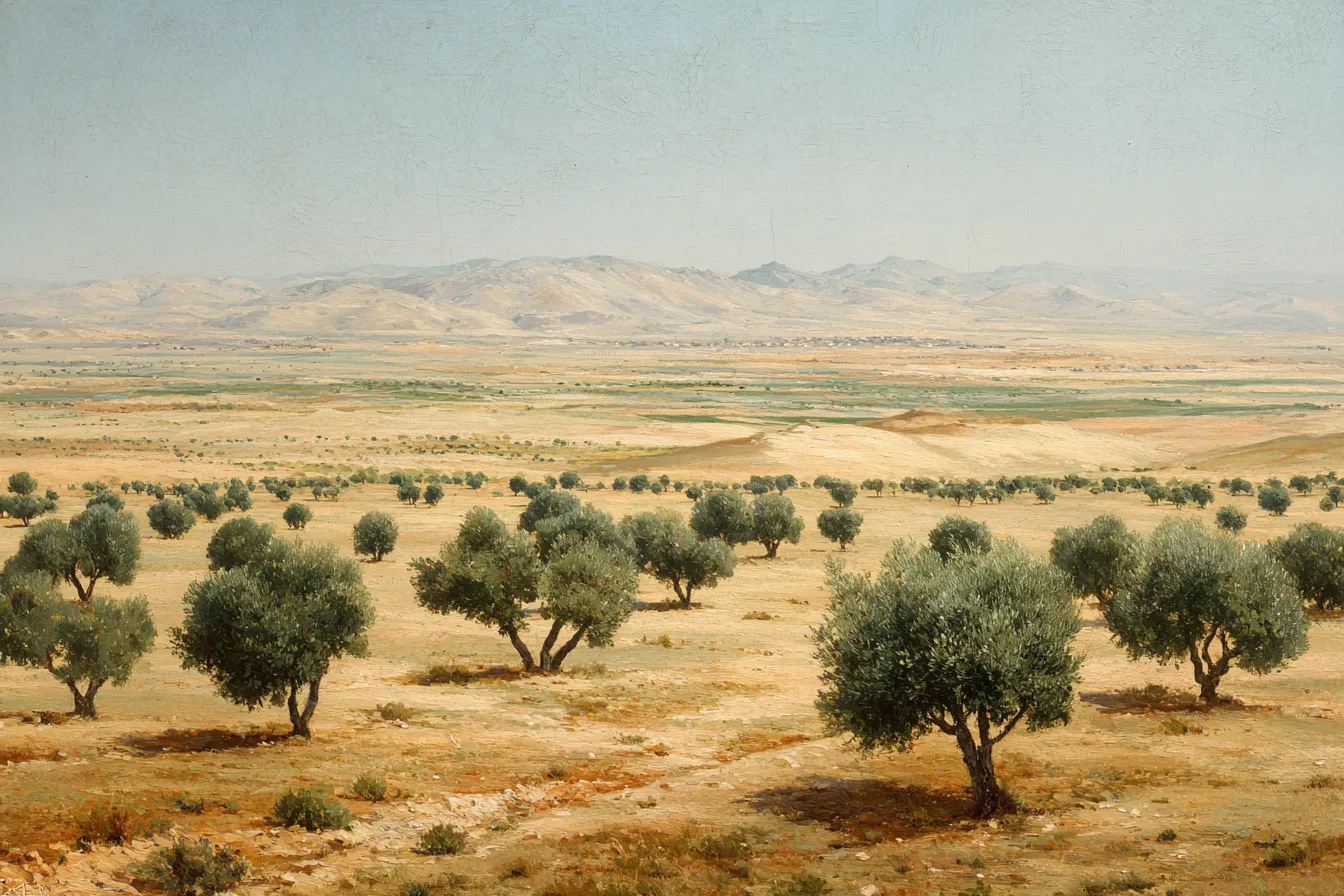 Arid North African olive groves stretching toward a pale desert horizon.