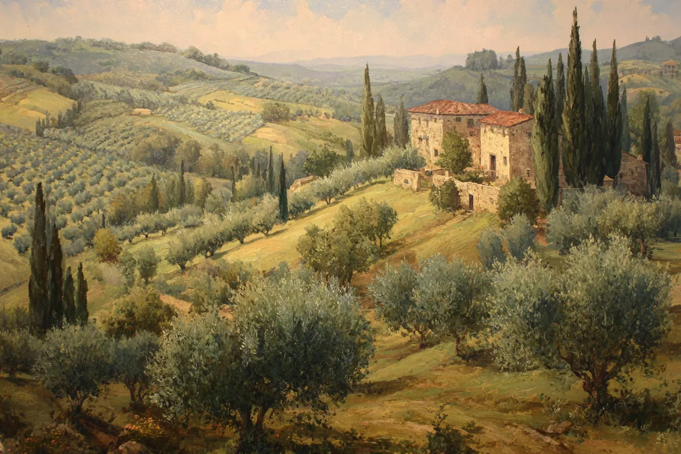 Rolling Tuscan hills of silver-green olive groves around a stone farmhouse with cypresses.