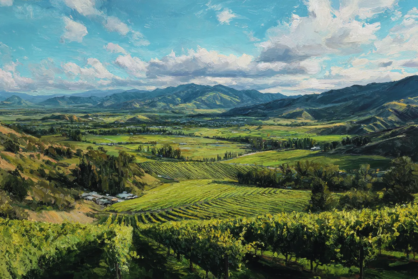 Lush New Zealand valley with rolling vineyards under dramatic clouds — Marlborough.