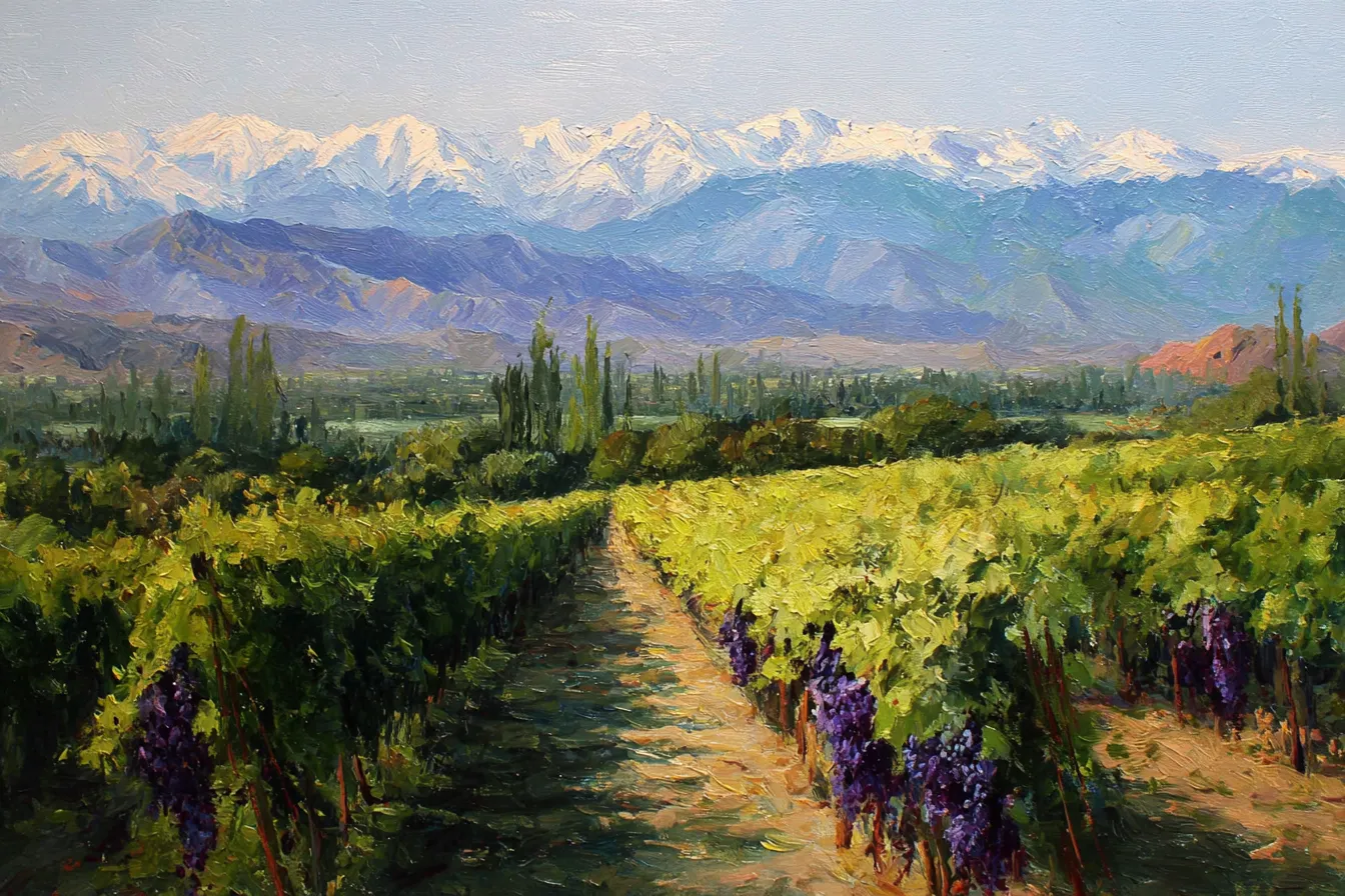 Snow-capped Andes beyond purple-fruited grape rows — Mendoza.