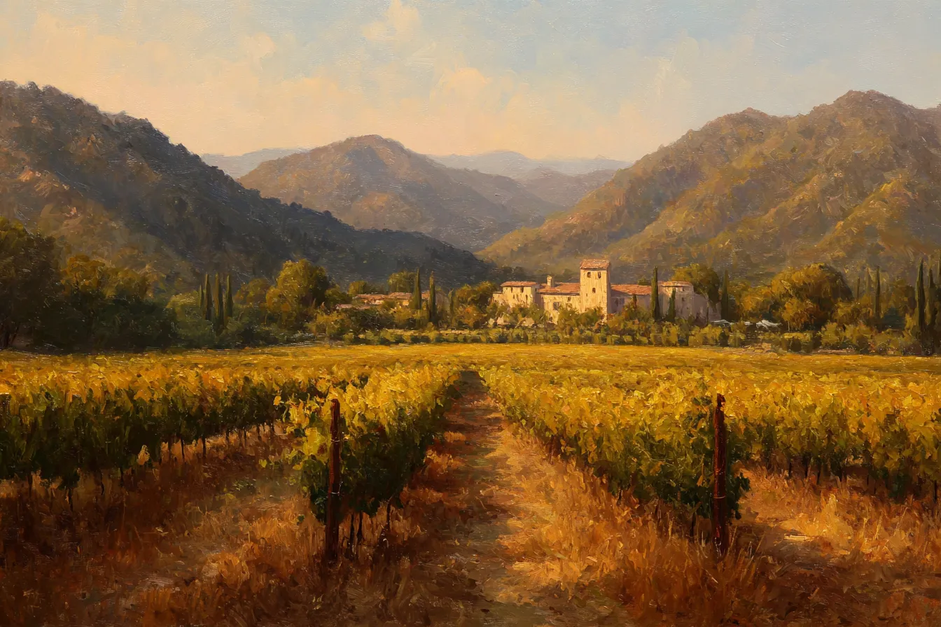 Golden-hour vineyard with cypress-lined estate — Napa Valley.