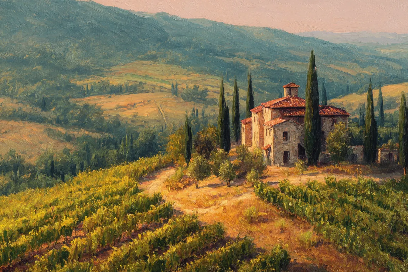 Classic Tuscan hill country with cypresses and stone villa — Tuscany.